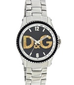 A unique cutout dial adds a modern edge to this classic watch by D&G. Stainless steel bracelet and round case with black turning bezel. Black grid-patterned dial features numerals at twelve and six o'clock, stick indices, minute track, three hands and gold tone logo cutout. Quartz movement. Water resistant to 50 meters. Two-year limited warranty.