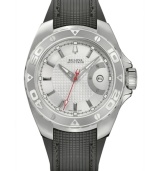 Bulova Accutron seamlessly integrates both rugged and sophisticated elements of style in this Curacao collection watch. Black textured rubber strap and round stainless steel case with rotating bezel and anti-reflective sapphire crystal. Silvery white grid-patterned dial features silver tone stick indices, minute track, date window at three o'clock, luminous hour and minute hands, red second hand and logo. Swiss mechanical Sellita movement. Water resistant to 300 meters. Five-year limited warranty.