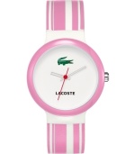 Sugar high. Stay upbeat with this cotton candy colored Goa watch by Lacoste. Pink and white striped silicone strap and round white plastic case with pink bezel. White dial features iconic crocodile logo and three hands. Quartz movement. Water resistant to 30 meters. Two-year limited warranty.