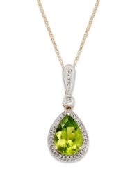 Pear-hued perfection. This stunning pendant features a pretty teardrop shape that shines with the addition of pear-cut peridot (1-7/8 ct. t.w.) edged with diamond accents. Set in 14k gold. Approximate length: 18 inches. Approximate drop: 5/8 inch.