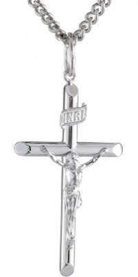 Men's Sterling Silver Solid Tubular Crucifix Cross Pendant Necklace with Stainless Steel Chain , 24