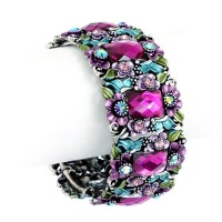 Purple Flower Painted and Crystal Cuff Bangle Bracelet