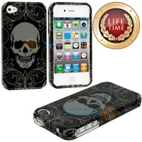 myLife (TM) Black Classy Skull Series (2 Piece Snap On) Hardshell Plates Case for the iPhone 4/4S (4G) 4th Generation Touch Phone (Clip Fitted Front and Back Solid Cover Case + Rubberized Tough Armor Skin + Lifetime Warranty + Sealed Inside myLife Authori